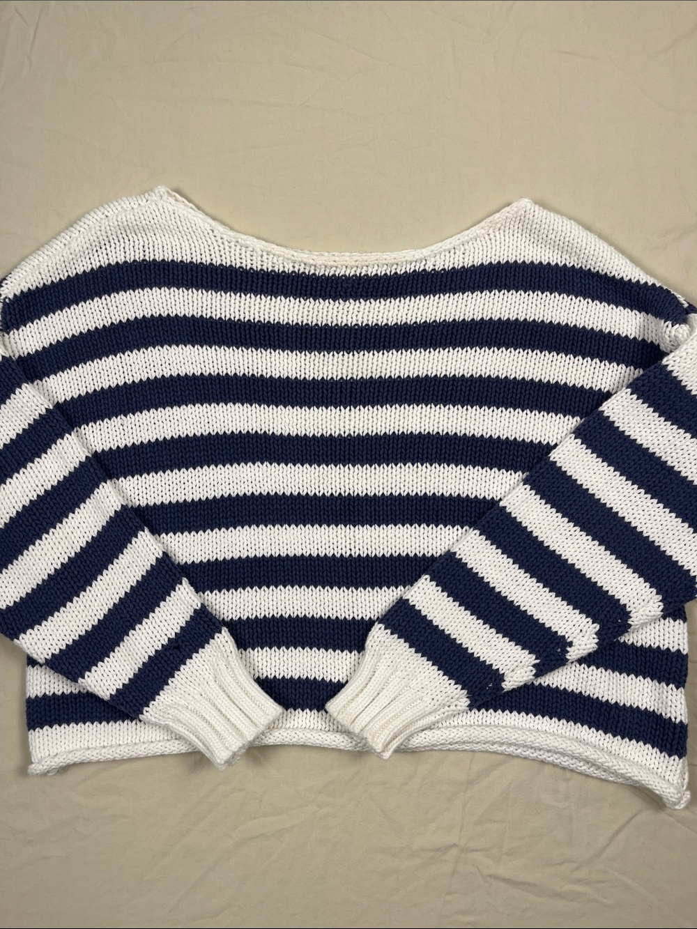 Aerie Blue White Striped Chunky Knit Sweater Cropped Coastal Preppy Pullover